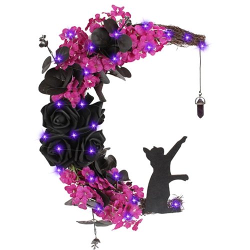 Halloween Black Moon Cat Wreath Signs for Front Door with Lights,Handcrafted Halloween Horror Wreath for Indoor Outdoor Party Window Wall Decor Farmhouse Garland Yard (Design B)