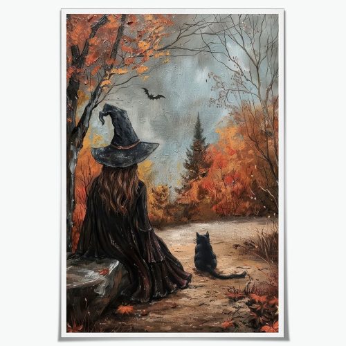 Medpol Witch and Cat Oil Painting Wall Art Vintage Halloween Print Autumn Forest Poster Dark Academia Prints Victorian Gothic Wall Decor 8x12inchUnframed