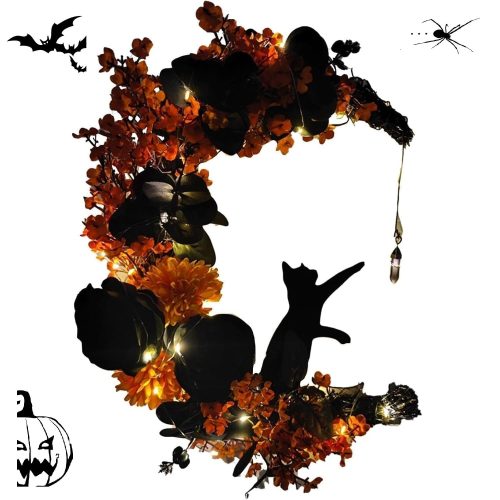 Halloween Wreaths Moon Cat Wreath Garland for Front Door with Lights, Black Branch Halloween Wreath Signs for Front Door, Gothic Wreath Decorations (Yellow, With Lights)