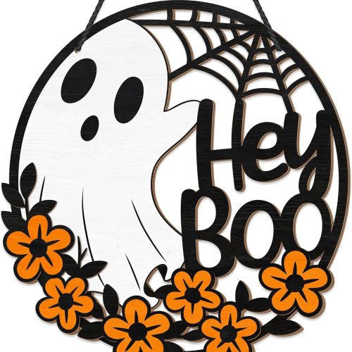 Halloween Ghost Flowers Door Hanging Sign Decorations, Hey Boo Spider Web Round Wooden Signs, Welcome Front Door Hanger Wreath for Yard Wall Home Decor, Party Supplies
