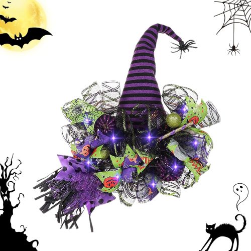 Spooky Halloween Wreath with Lights – Purple Witch Hat Mesh Decor for Front Door, Perfect Halloween Decorations for Home Indoor & Outdoor Party