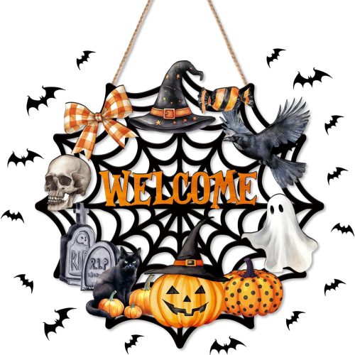 Halloween Front Door Decorations Wooden Wreaths, Hanging Indoor Outdoor welcome sign,Cute Not Scary Gift, Also Used for vintage Horror Party Decoration Wall Plaque (Halloween)