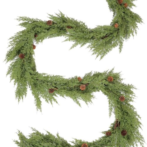 WBHome Real Touch Cypress Cedar & Pine Cone Evergreen Garland for Christmas Holiday Seasonal Outdoor/Indoor Home Decor, 9FT Long