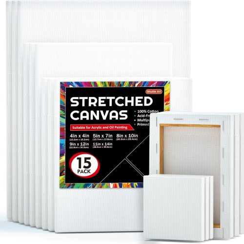 Shuttle Art Stretched Canvas, 15 Multi Pack, 4x4, 5 x 7, 8 x 10, 9x12, 11 x 14 Inches (3 of Each), 100% Cotton, Primed White Painting Canvas, Art Canvases for Acrylic, Oil, Acrylic Pouring Painting