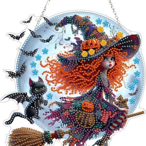 JJFox Diamond Art Hanging Kit for Adult,Special Shaped Rhinestone,Double Sided 5D DIY Acrylic Diamond Art Painting Window Pendants Home Garden Wall Hanging Kits Hanging Ornament (Halloween Witch)