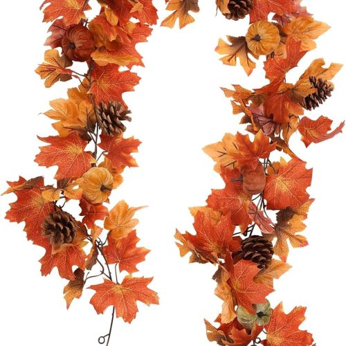 Super Holiday 6FT Fall Garland, Fall Maple Leaf Garland Decor with Velvet Pumpkin/Pine Cone, for Home Autumn Harvest Thanksgiving Fireplace Front Door Indoor Outdoor Holiday Party Decorations.