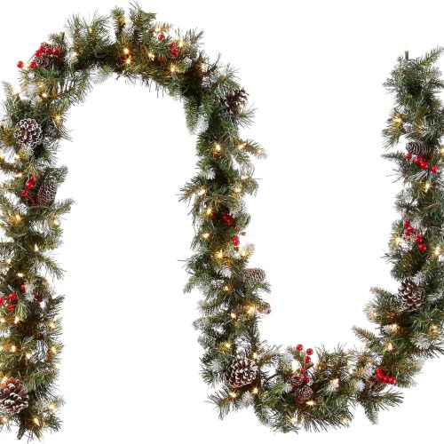 National Tree Company Pre-Lit Artificial Christmas Garland, Green, Frosted Berry, White Lights, Decorated with Pine Cones, Berry Clusters, Plug In, Christmas Collection, 9 Feet
