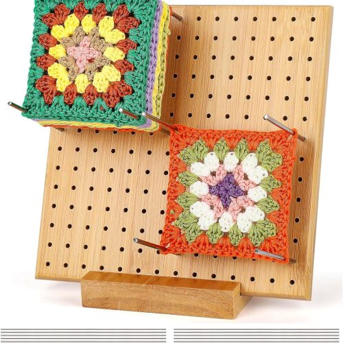 Crochet Blocking Board Handcrafted Knitting Blocking Mat with 20 Stainless Steel Rod Pins Bamboo Crocheting Accessories for Granny Squares Crocheters 7.87 Inches