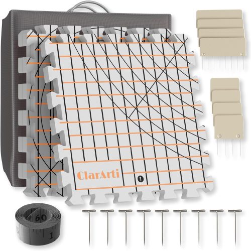 ClarArti Blocking Mats for Knitting & Crochet Projects - Set of 9 Dual-Color Grid 12.5" Interlocking Foam Tiles with 100 T-Pins, 12 Large and 8 Small Combs and 60” Tape Measure in a Mesh Storage Bag