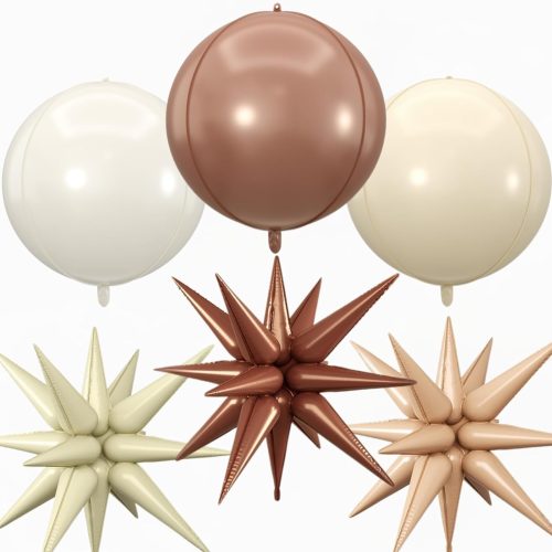 6pcs 22 inch White Brown Star Balloons and 4D Large Foil Balloons, Cream white Star Balloon Nude 4D Foil Aluminum Balloon For Birthday Baby Shower Party Boho Wedding Anniversary Engagement Decoration