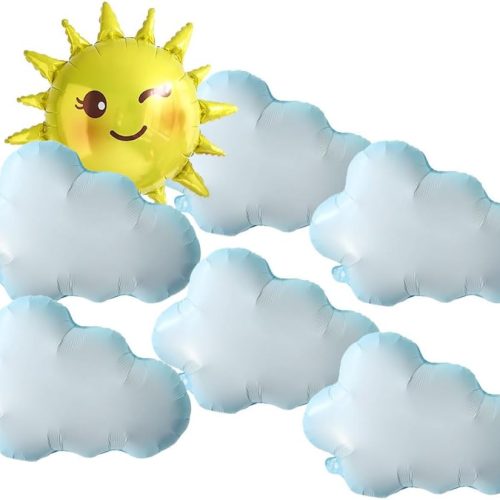 Sun and Clouds Balloons Set, 1 pc Sun Foil Balloon 6 pcs White Cloud Foil Mylar Balloons for Wedding Birthday Summer Theme Party Decoration