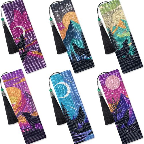 Wolf Diamond Art Bookmarks - 6 Pcs Wild Animal Diamond Painting Bookmarks, Wolf Theme 3D DIY Gem Art Rhinestone Crafts Kit for Adult