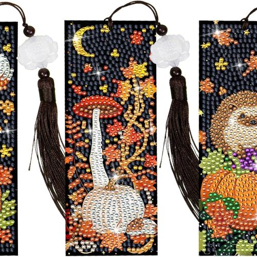 CT0816ZRA1639GT_1 Anseal 3 Pcs 5D Thanksgiving Diamond Bookmarks Painting for Book Lovers, PU Leather Diamond Art Bookmark for Adults, Tassel Beaded Book Mark for Graduation Birthday Thanksgiving Reading Present