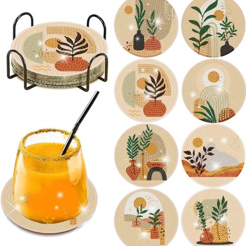 CT0816ZRA1727GT_1 Clendo 8 Pcs Bohemian Style Diamond Painting Coasters Kits for Adults, Abstract Landscape Diamond Art Coasters for Beginners with Holder, Small Diamond Painting Kits for Adults Art Craft Supplies