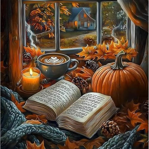 Bowetile 5D Fall Diamond Art Kits for Adults Beginners, Landscape Diamond Painting Reading Books Kits, DIY Full Round Drill Diamond Dots Paintings Picture Gem Art Craft for Home Wall Decor 12x16 Inch