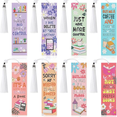 8 Pieces Book Lovers Diamond Art Bookmarks 5d Beaded Bookmark Acrylic Tassel Bookmark for DIY Making Beginners Kids Adults Arts Craft Supplies