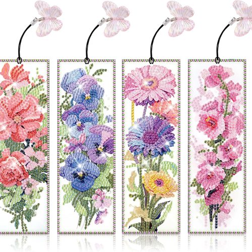 4pcs Flower Diamond Art Bookmarks Kit Floral Diamond Bookmarks for Adults 5D DIY Diamond Art Kit for Spring Reading Lover Book Lover Students DIY Gem Crafts Supplies Gift