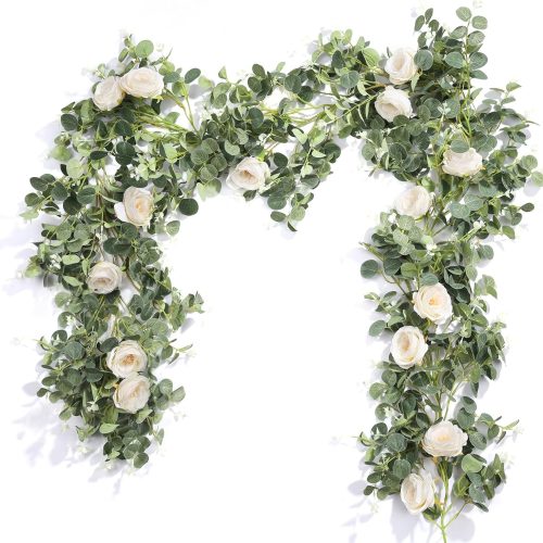 Der Rose 2Pcs Artificial Eucalyptus Flower Garland with Fake Rose Flower Vine Seeded Eucalyptus Leaves Greenery Garland for Wedding Table Runner Backdrop Party Centerpiece Decor (White-Total 13FT)
