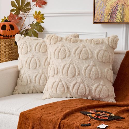 UGASA Fall Pumpkins Pillow Covers 18x18 Inch 2 Packs Soft Plush Faux Wool Fur Pillowcases Throw Pillows Autumn Halloween Home Decor for Couch Sofa Chair Bed, Beige