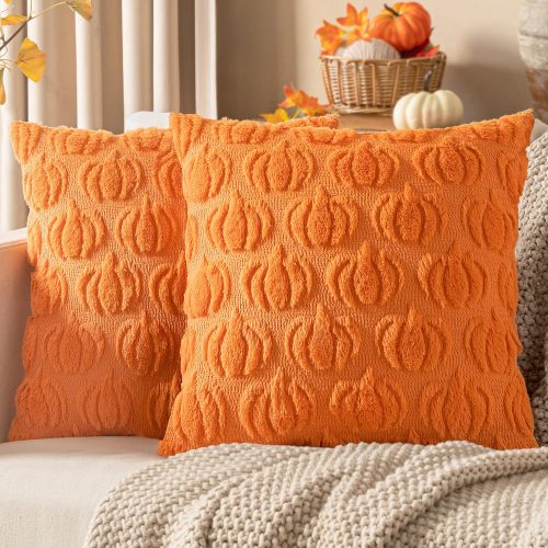 Woaboy Fall Decorative Pillow Covers 18x18 Inch, Orange, Set of 2 Pumpkin Halloween Thanksgiving Autumn Harvest Soft Faux Fur Pillows for Couch Porch Sofa Bedroom Living Room Home Decor