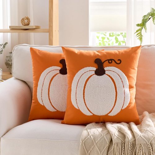 Fall Pillow Covers 20x20 Inch Set of 2 Autumn Qrange Decorative Throw Pillow Covers Indoor Outdoor White Embroidery Pumpkins Pillow Cases Thanksgiving Harvest Bedroom Sofa Cushion Couch Decor