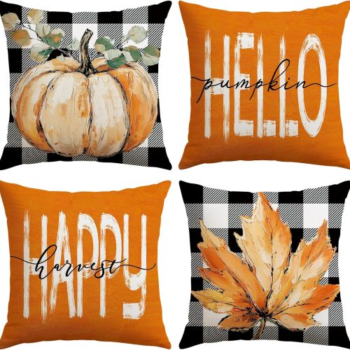 Artscope Fall Decorative Throw Pillow Covers 20x20 Inch Set of 4, Hello Happy Autumn Pumpkin Buffalo Plaid Maple Leaves Harvest Outdoor Farmhouse Pillow Cases for Home Sofa Couch-Orange B