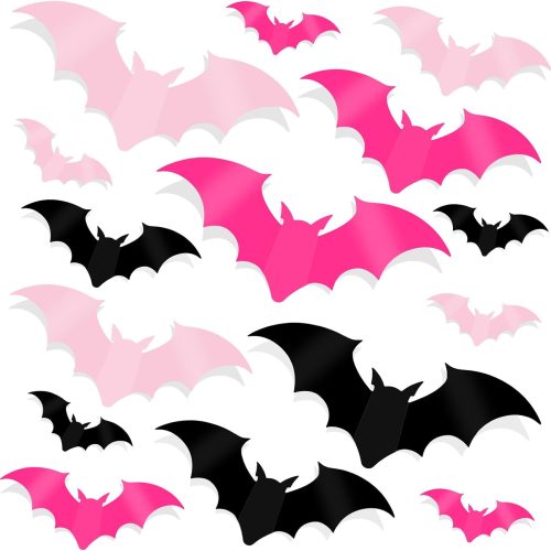 DIYASY 144 Pcs Pink Bats Wall Decor, Halloween 3D Bats Decorations Outside Blush & Black PVC Bat Cutouts Sticky Plastic Pink Decals for Home Indoor Outdoor Window Door Party Supplies