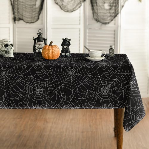 Horaldaily Halloween Tablecloth 60x84 Inch Rectangular, Cobweb Black Washable Table Cover for Party Picnic Dinner Decor