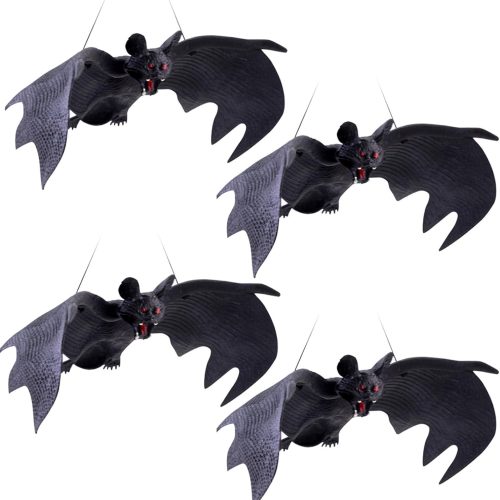 4 Pack Halloween Hanging Rubber Bats - Realistic Looking Spooky Flying Bats Decoration