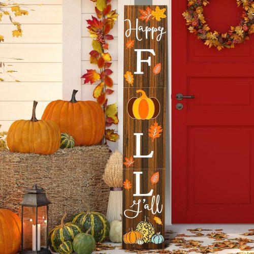 Yerliker Fall Porch Sign Outdoor Decor 47" Large Welcome Decoration Autumn Pumpkin Maple Leaves Happy Fall Y'all Wooden Vertical Yard Sign for Front Door Thanksgiving Home Yard Standing Farmhouse