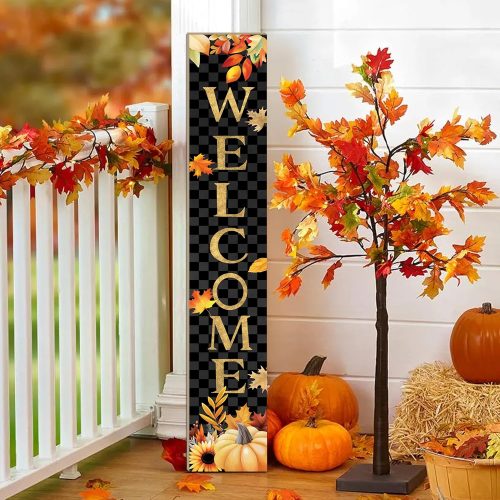 CT0821ZRA1133GT_1 Fall Wooden Porch Sign 47" Autumn Pumpkin Maple Leaf Front Door Welcome Sign Vertical Standing Sign For Garden Home Yard Farmhouse Thanksgiving Decor