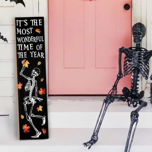 Halloween Porch Sign - Decorative Skull Decor Hanging Wooden Welcome Sign for Fall Maple leaf Skull Standing Hanging Home Front Door Wall Yard Party Indoor Outdoor Decoration,-31.5"H