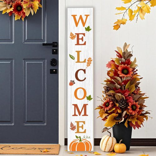 Fall Wooden Porch Sign 47" Autumn Large Welcome Porch Sign for Pumpkin Sign Home Front Door Yard Thanksgiving Day Party Decor