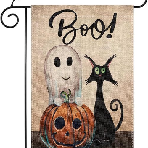 RELIGES Halloween Ghost Cat Boo Garden Flag 12x18 Inch, Vertical Double Sided Happy Halloween Pumpkin Holiday Outside Decorations Burlap Yard Flag (Halloween Garden Flag C)