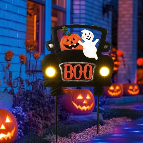 TERESA'S COLLECTIONS Metal Halloween Yard Stakes Decorations for Outdoor, Ghost Pumpkins Halloween Decor Solar Light Garden Stakes, Jack-o-Lantern Yard Signs for Pathway Lawn Patio Party, 20"