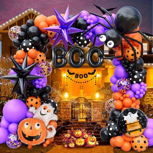 157Pcs Halloween Balloon Garland Arch Kit, Eye Balloons with Spider, Bat Ghost Pumpkin Spider Web Boo Black Purple Star Foil Balloons, Purple Orange and Black Balloon for Halloween Party Decorations