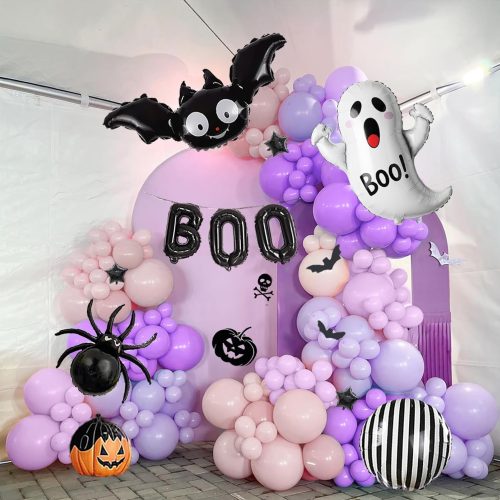Halloween balloons Pink and Purple balloon garland arch kit 160pcs with BOO ghost spider bat mylar balloons for Halloween birthday baby shower spooky one happy boo day party decorations