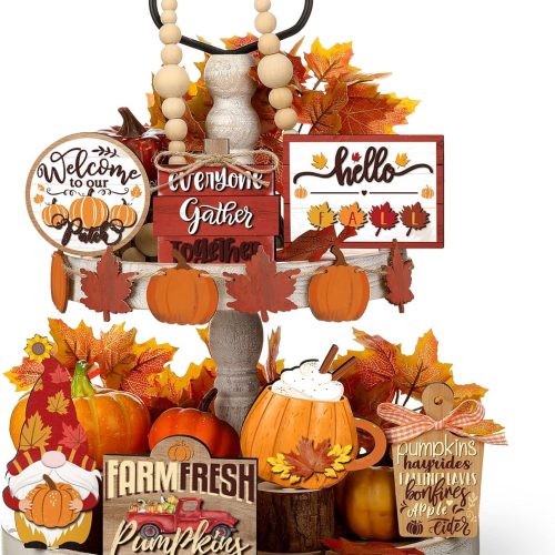 Set of 15 Fall Tiered Tray Decor Pumpkins Farmhouse Decor Autumn Maple Leaf Table Centerpieces Thanksgiving Harvest Wood Blocks Signs for Home(Bright Style)