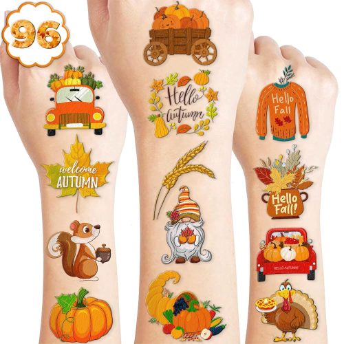 96PCS Fall Autumn Pre-Cut Temporary Tattoos Themed Birthday Party Decorations Favors Supplies Décor Thanksgiving Pumpkin Leaves Tattoo Stickers Gifts For Game Kids Boys Girls Classroom School Prizes