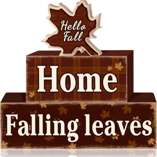 CT0821ZRA171GT_1 3 Pcs Fall Decorations for Home Wooden Maple Leaf Tiered Tray Decor, Fall Table Decor Farmhouse Rustic Maple Leaves Block Sign Autumn Thanksgiving Tabletop Centerpieces for Home Kitchen Indoor