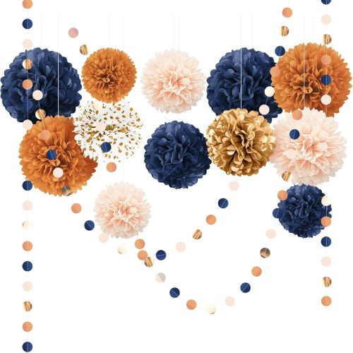 AOBKIAT Boho Fall Wedding Party Decorations,15PCS Navy Blue Orange Tissue Paper Pom Poms Colorful Paper Garland String Hanging Backdrop for Baby Shower,Bridal Shower,Gardens Celebration