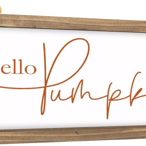 CT0821ZRA181GT_1 11.8×6 Inch Hello Pumpkin Sign, White Wooden Fall Decorations for Home Farmhouse, Autumn Decor Indoor Table Wall Shelf Desk Mantle Office Rustic Thanksgiving Harvest Decorative Signage