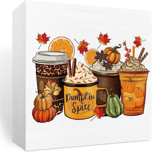 Fall Decor Coffee Lovers Gift Ideas Wooden Box Sign Pumpkin Rustic Farmhouse Desk Decor Thanksgiving Autumn Harvest Decorative Wood Sign Home Office Shelf Table Kitchen Bathroom Living Room Decoration