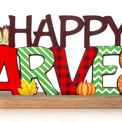 Realspring Fall Decorations for Home Happy Harvest Metal Sign Thanksgiving Table Decor Fall Tiered Tray Decor with Wooden Base Rustic Metal Word Sign for Home Tabletop Centerpiece Mantel Shelf Desk