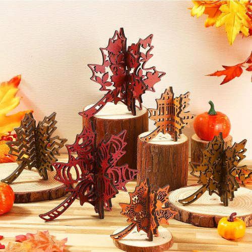 Soaoo 12 Pcs Fall Leaves Decorations Farmhouse 3D Thanksgiving Table Centerpiece Decor Wooden Maple Leaf Block Signs for Autumn Harvest Tiered Tray Party Shelf Display