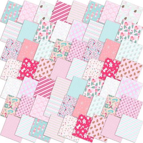 Oudain 60 Pcs 10 x 10 Inch Pastel Christmas Quilting Fabric Squares Vintage Christmas Fat Patchwork Precuts Pink Green Gingerbread Man Nutcracker Fabric Bundles for Xmas DIY Craft Sewing Handmade