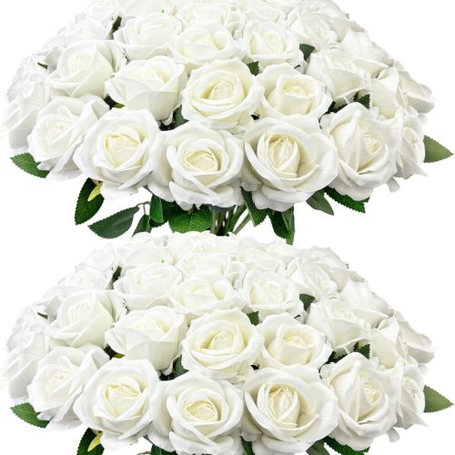 Bulk Artificial Flowers 50 PCS, Fake Velvet Silk White Roses with Long Stems Realistic Bouquet for Wedding Centerpieces, Faux Arrangement for Home Table Decor