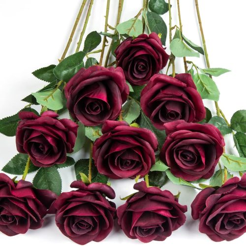 DuHouse 10pcs Silk Roses Artificial Flowers Fake Burgundy Rose Bouquet for Arrangement Wedding Party Home Decoration (Burgundy-Long Stem)
