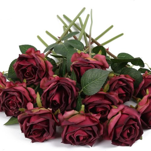 IPOPU Burgundy Roses Artificial Flowers 12PCS Roses Flowers Heads Dried Silk Flowers Burgundy Flowers Artificial for Decorations with Single Stems for Floral Arrangements Wedding Flowers (Burgundy)