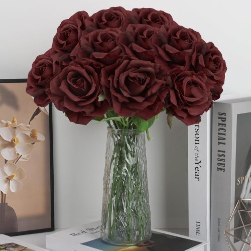 20 pcs Artificial Silk Flowers - Fake Roses Silk Realistic Rose Bouquet with Stems for Home Wedding Centerpieces Floral Arrangements Decorations - Burgundy
